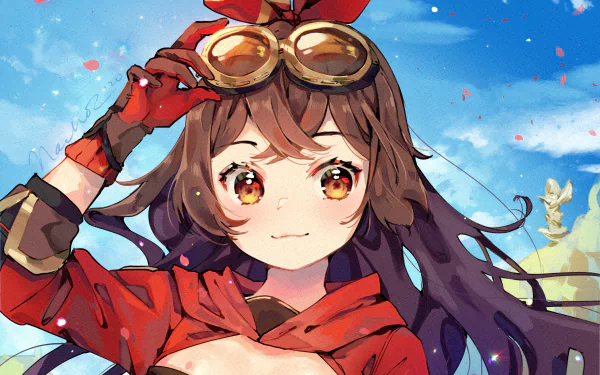 HD desktop wallpaper and background featuring Amber from the video game Genshin Impact. Amber is depicted with purple hair, wearing goggles and a red outfit against a blue sky with scattered pink petals.