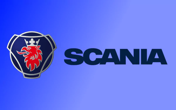 Bold SCANIA wordmark and crowned red griffin truck emblem against a blue gradient HD PC desktop wallpaper background.