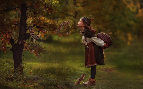 mood chipmunk oak tree photography child HD Desktop Wallpaper | Background Image