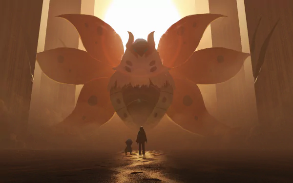 A dramatic 4K Ultra HD anime-style PC wallpaper featuring Volcarona, a fiery Pokémon, towering in a glowing, misty environment with two small figures in the foreground.