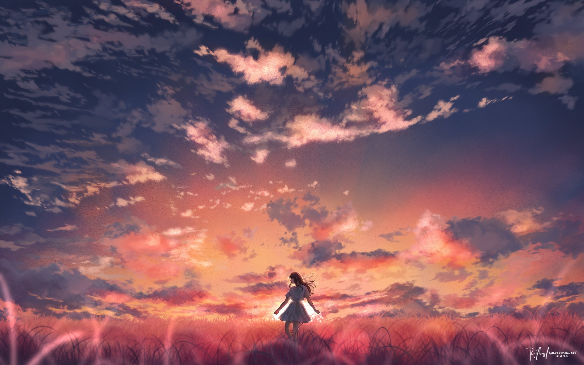 Download Sky Sunset Anime Girl Anime Girl Anime Sunset Sky Anime 4k Ultra HD Wallpaper by Angel Elisha