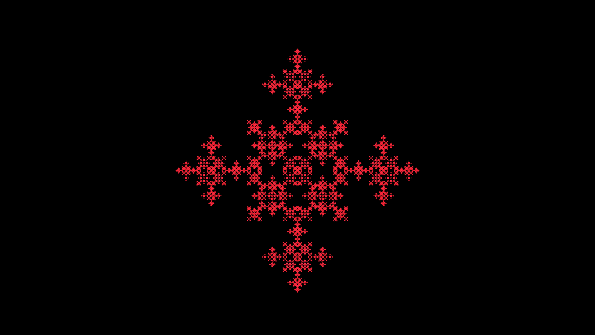 Minimalist abstract fractal: red, symmetrical cross-shaped snowflake pattern on a black background, HD PC desktop wallpaper.
