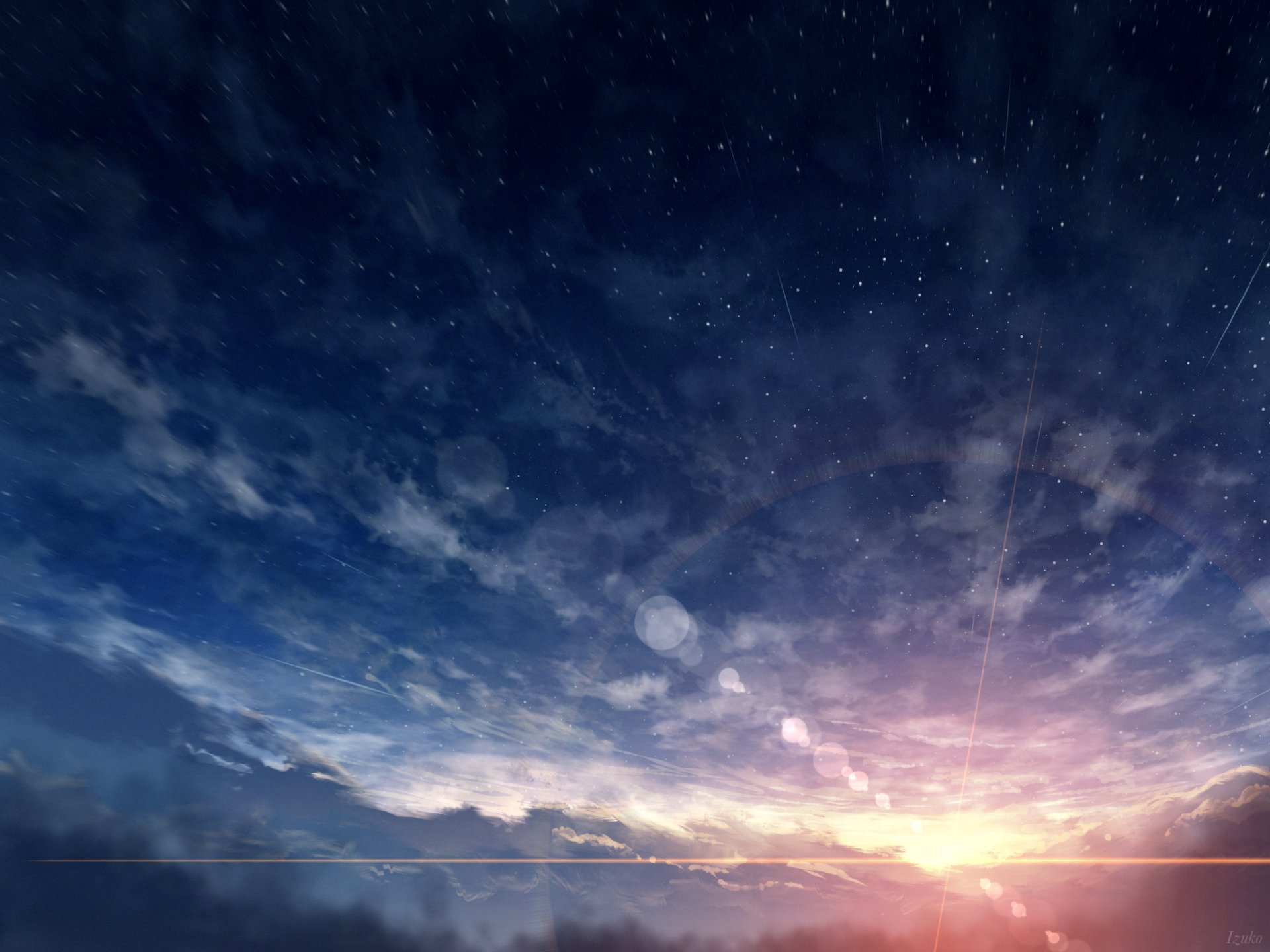 HD anime desktop wallpaper of a starry sky with clouds during a vibrant sunset and sunrise blend, showcasing a beautifully detailed sky.