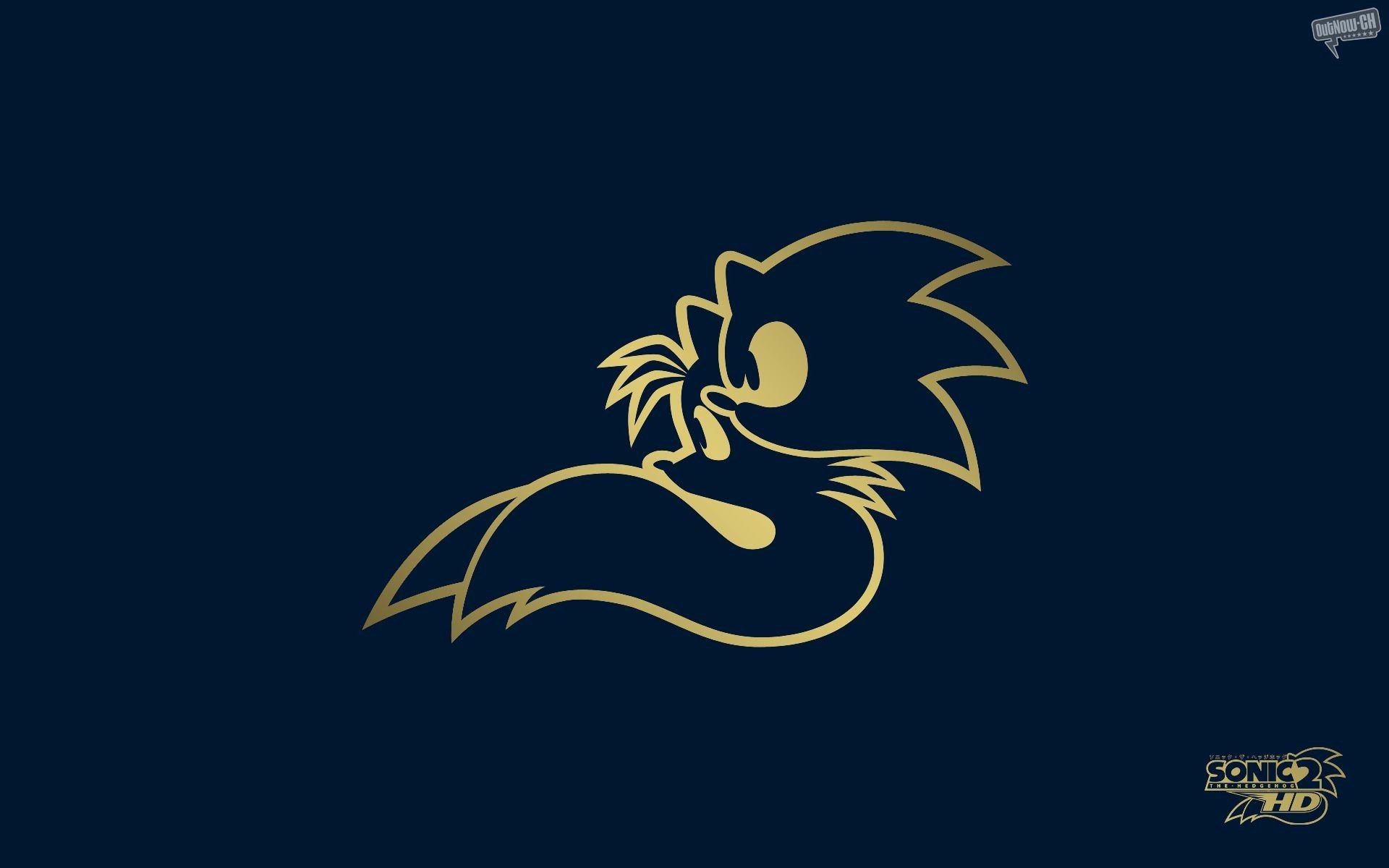 HD desktop wallpaper: gold minimalist outline of Miles 'Tails' Prower (Sonic the Hedgehog 2) curled on deep blue background with small Sonic 2 logo.