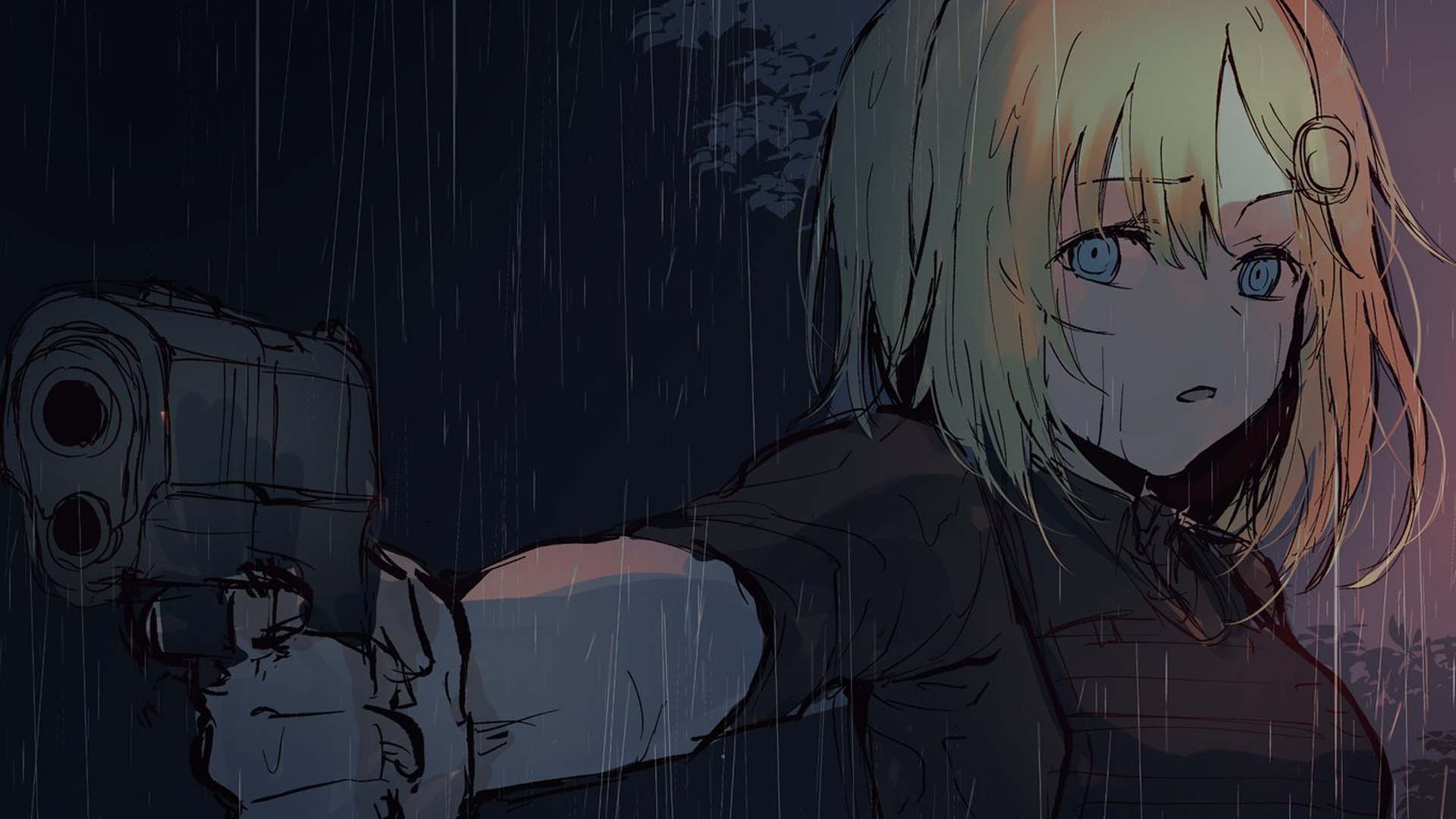 HD anime-style desktop wallpaper featuring Virtual YouTuber Watson Amelia holding a gun in a dark, rainy setting with a focused expression.