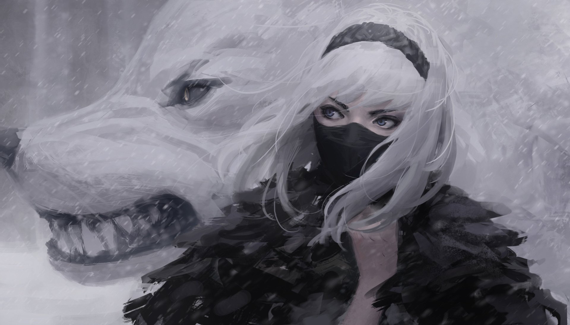 An HD desktop wallpaper featuring a fantasy winter scene of a masked woman with white hair standing against a backdrop of a fierce, growling wolf.