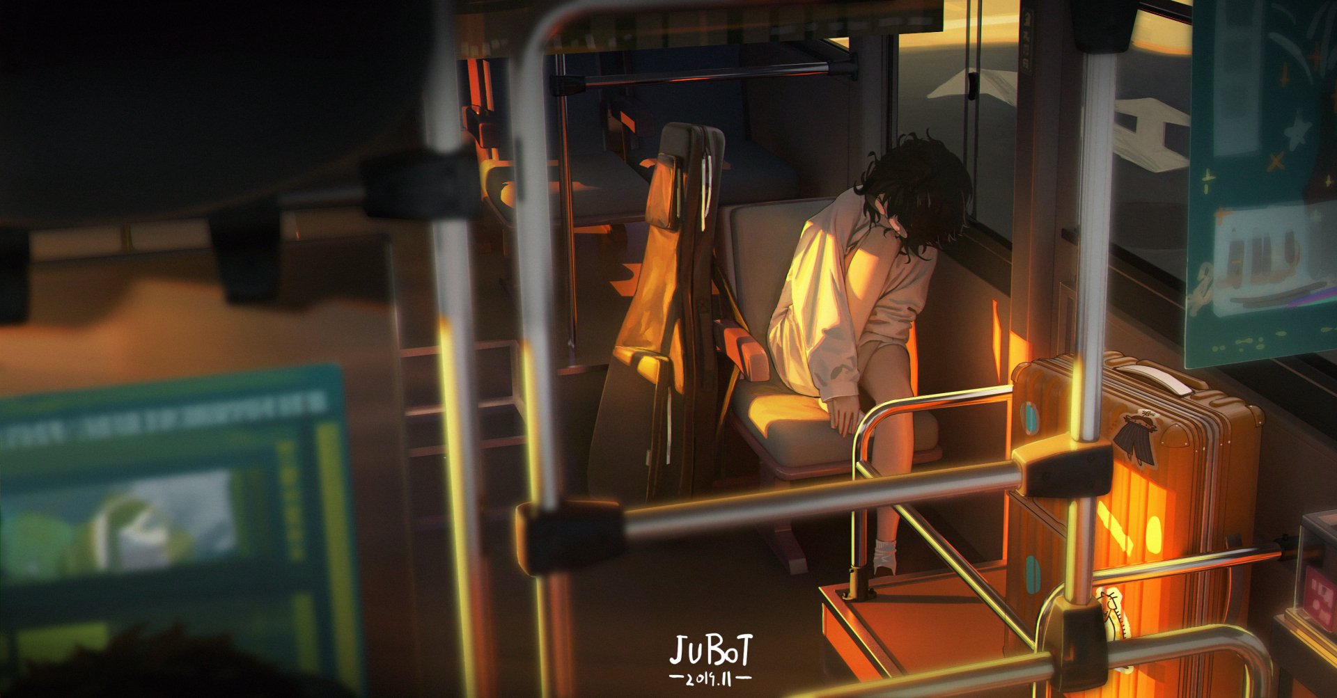 HD PC desktop wallpaper featuring an anime girl seated inside a bus at dusk, bathed in warm, soft lighting with a contemplative atmosphere.