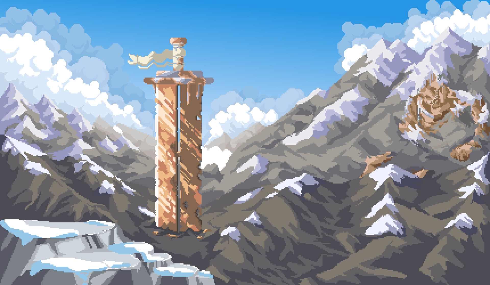 HD pixel art desktop wallpaper depicting a tall tower standing on icy cliffs with snowy mountains and a giant figure in the background under a bright blue sky.