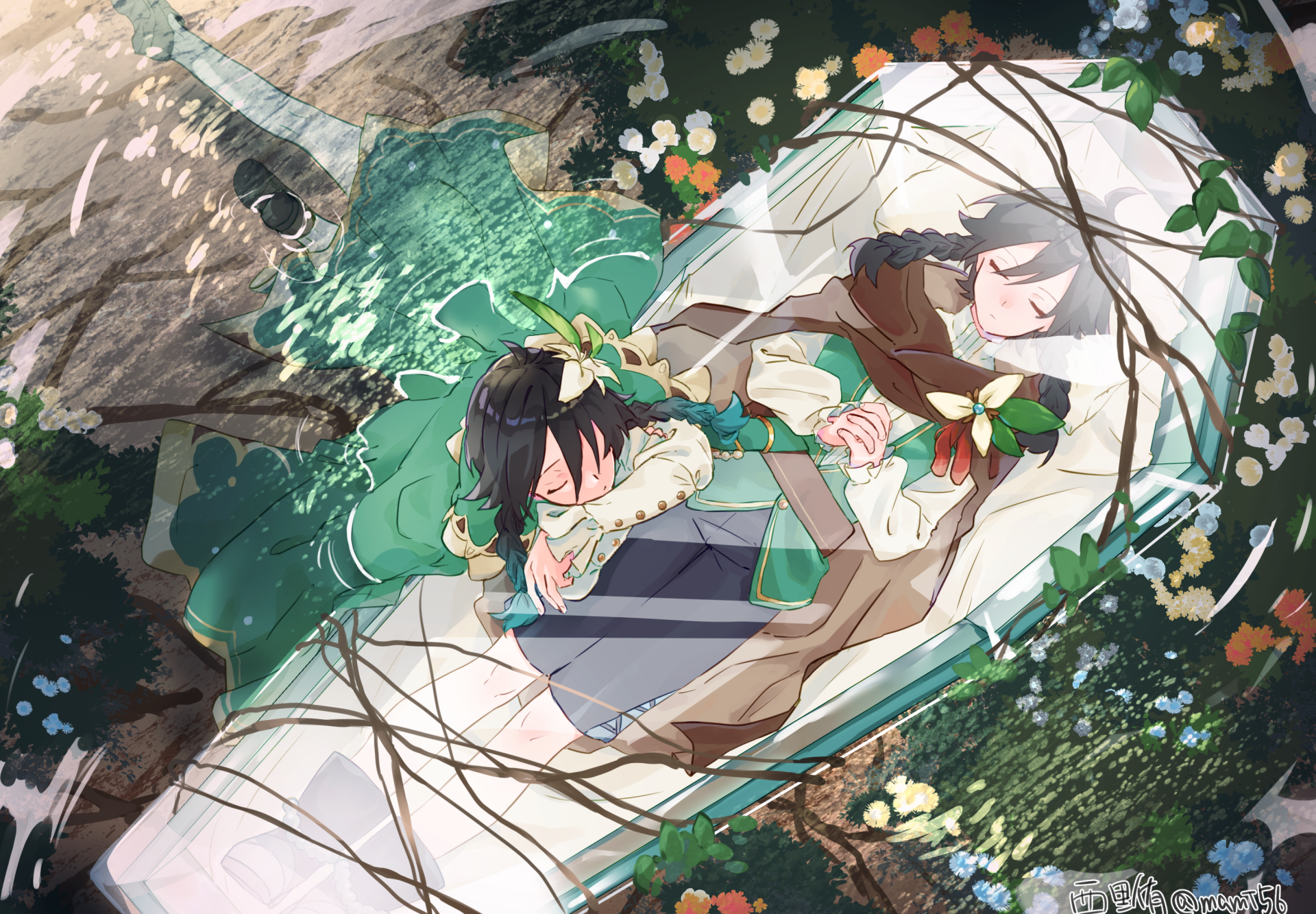 HD PC desktop wallpaper featuring Venti from the video game Genshin Impact resting peacefully beside another character amidst a detailed, nature-inspired background.