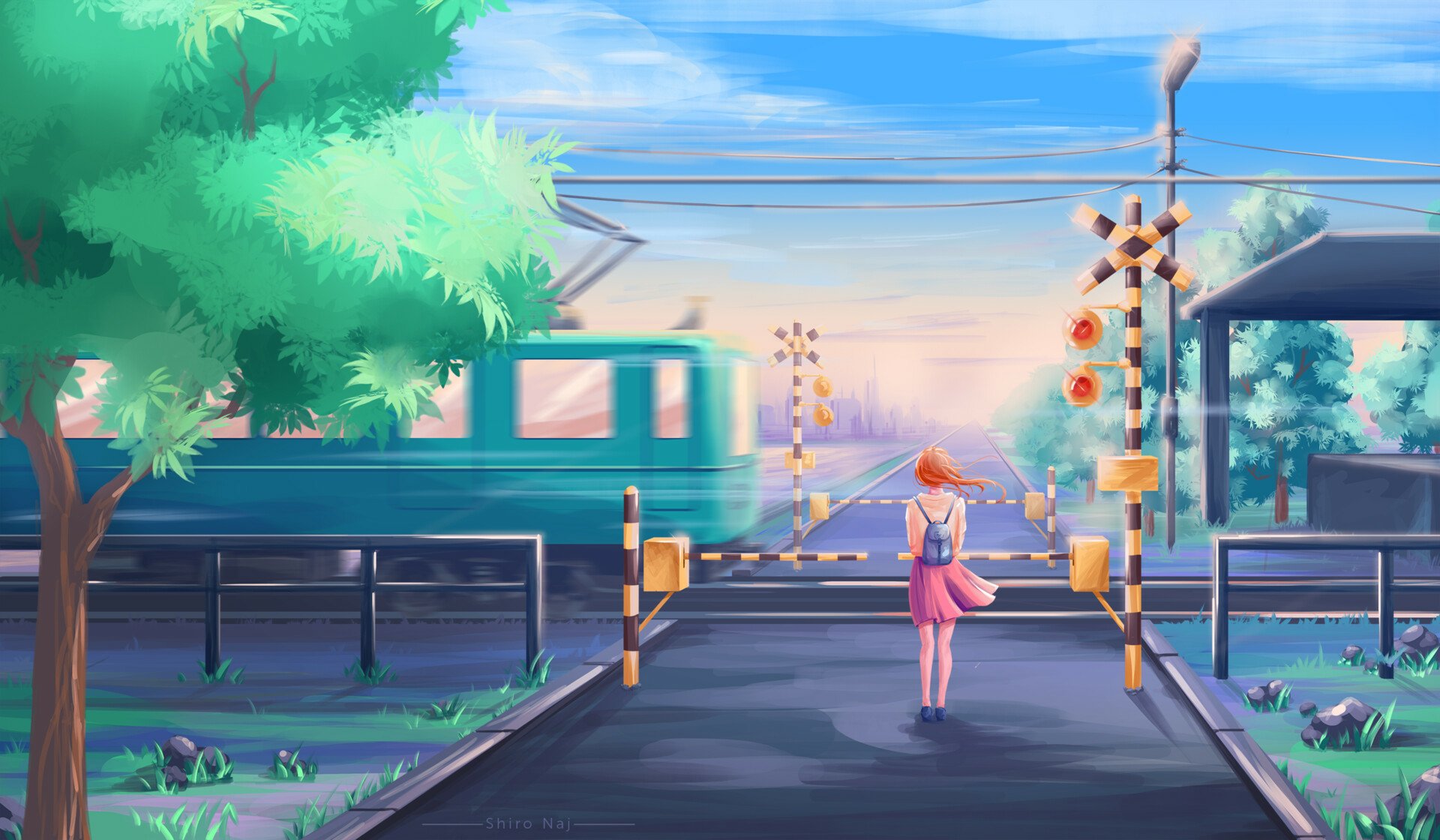 Anime HD PC desktop wallpaper: pastel sunset at a railroad crossing, a girl in a pink dress waits as a teal train passes, trees and power lines framing the tranquil scene.