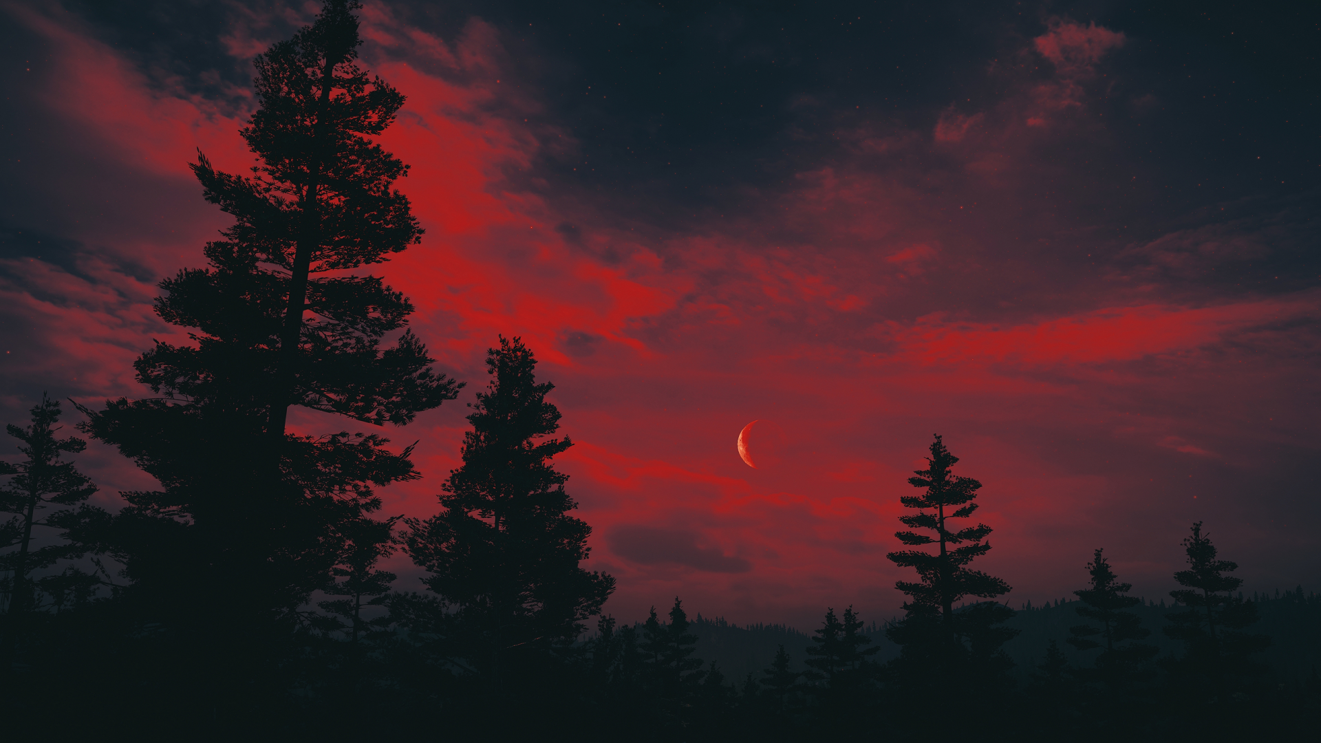 HD PC desktop wallpaper of an artistic night sky with a crescent moon above a dark forest silhouetted against red-tinged clouds.