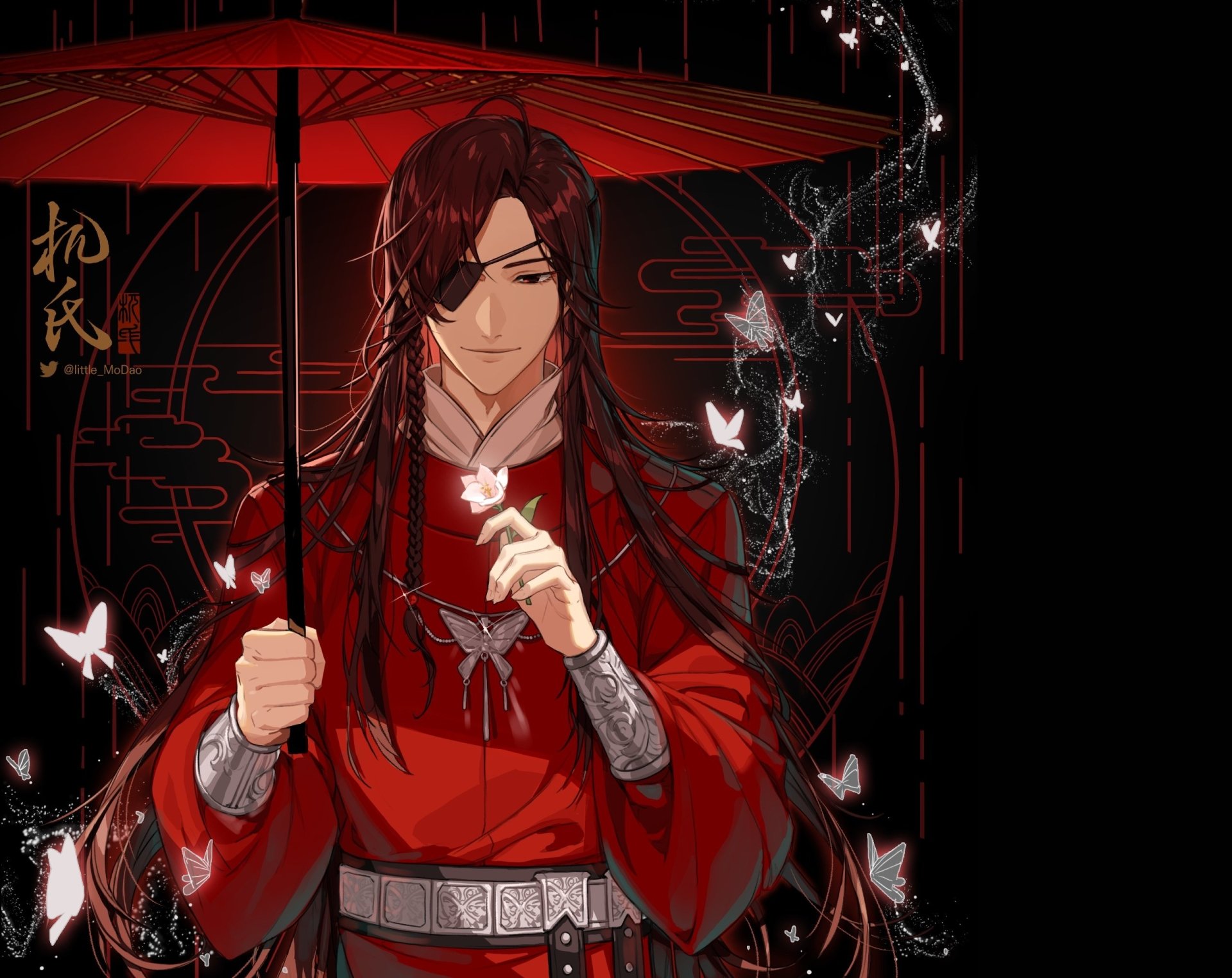 HD PC desktop wallpaper featuring an anime character from Tian Guan Ci Fu dressed in red, holding a red umbrella surrounded by glowing butterflies against a dark background.