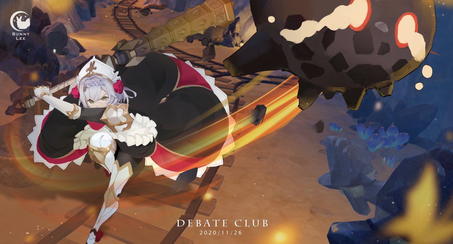 4K Ultra HD PC desktop wallpaper featuring Noelle from the video game Genshin Impact in dynamic action amid a rocky battlefield.