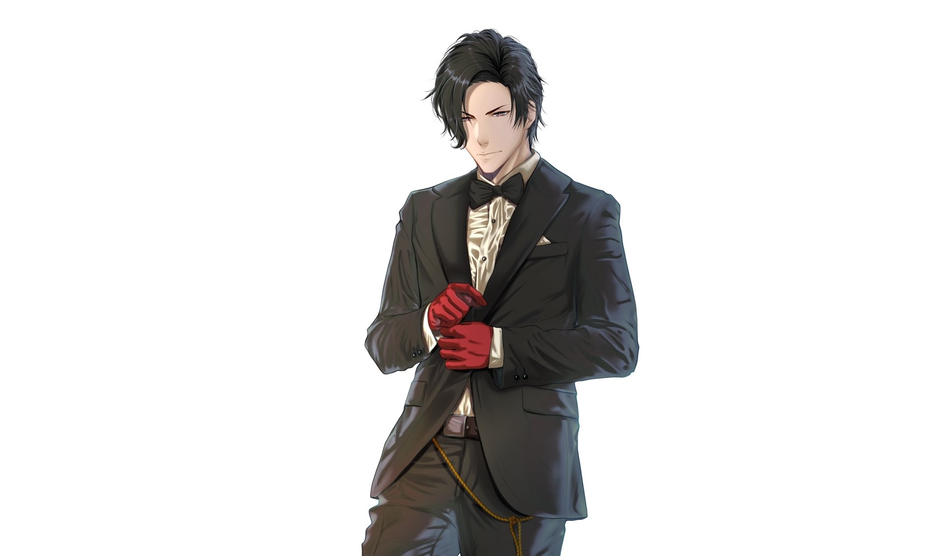Male character from the video game Obey Me! Shall we date, in a black suit with red gloves — 4K Ultra HD PC desktop wallpaper and background.