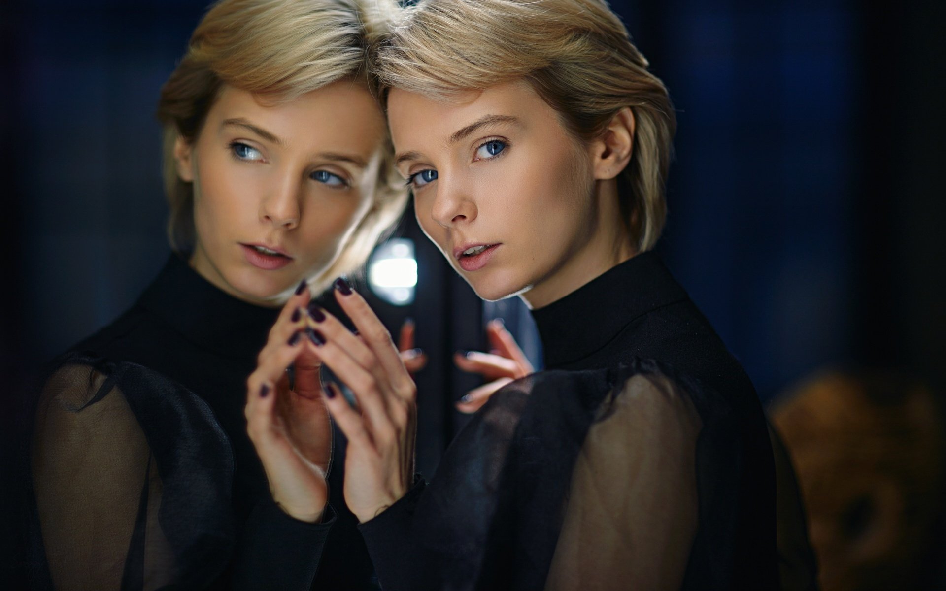 Download Blue Eyes Short Hair Blonde Reflection Woman Model HD Wallpaper by Sergey Fat