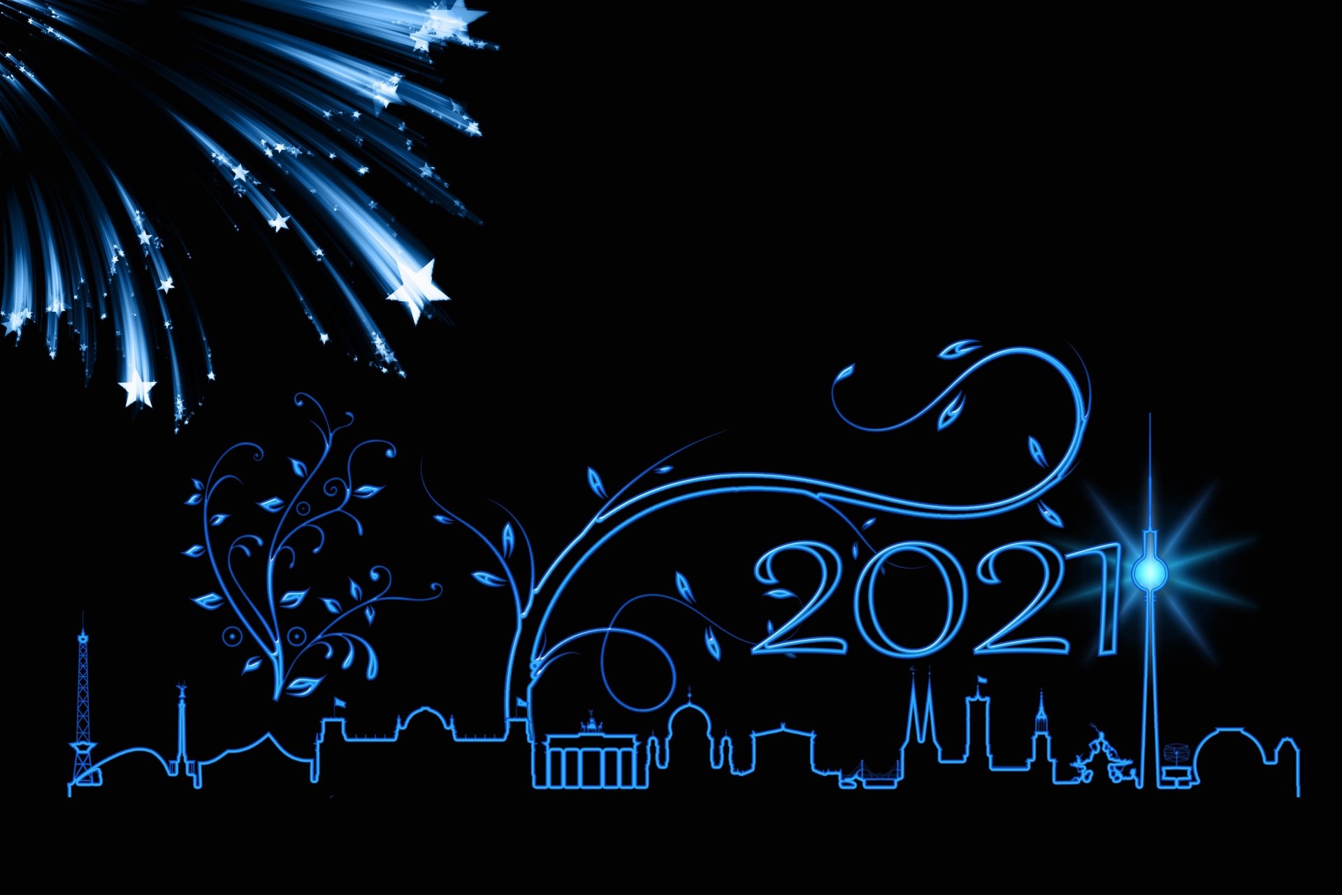 Blue vector 5K Ultra HD PC desktop wallpaper showing United Arab Emirates skyline outlined in neon, fireworks and 2021 text celebrating the New Year holiday.