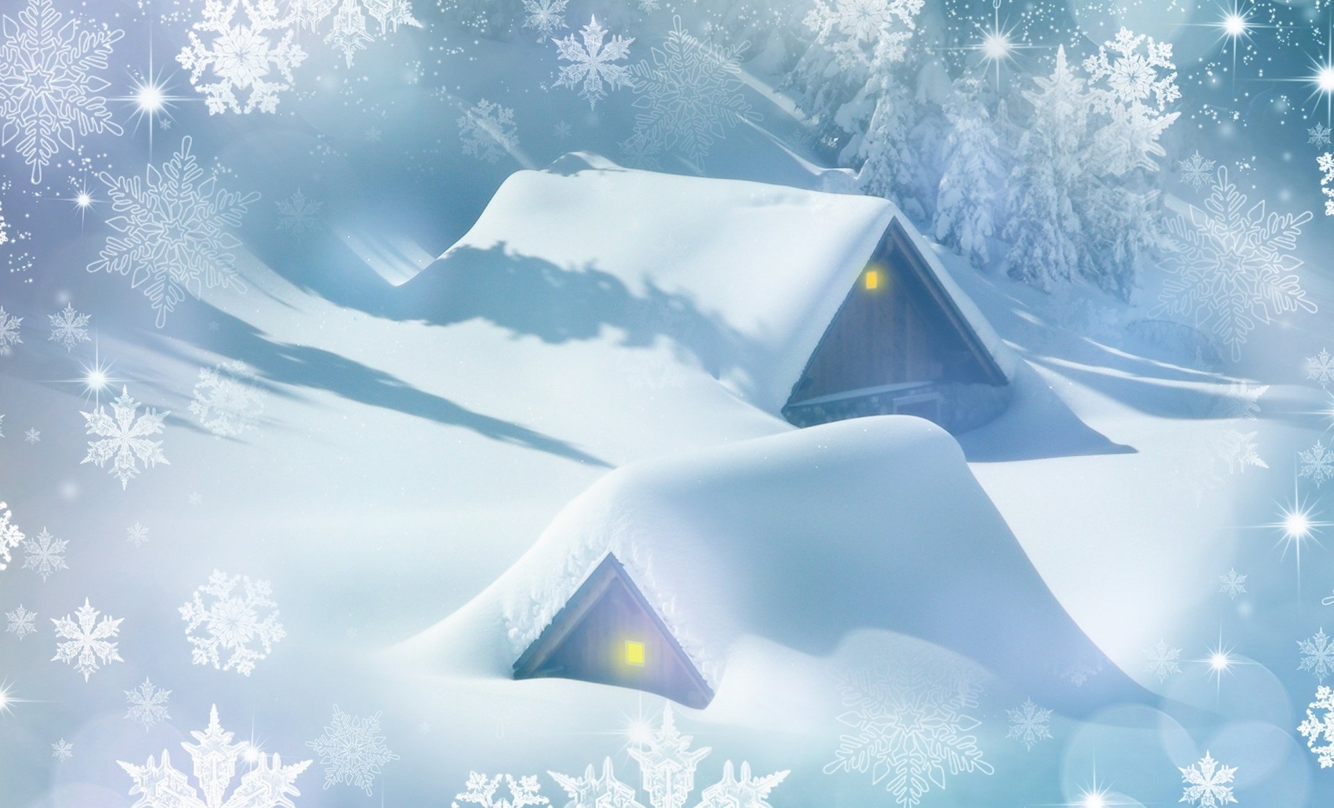 Winter’s Artistic Retreat: Snowflakes & Cozy Houses HD Wallpaper ...