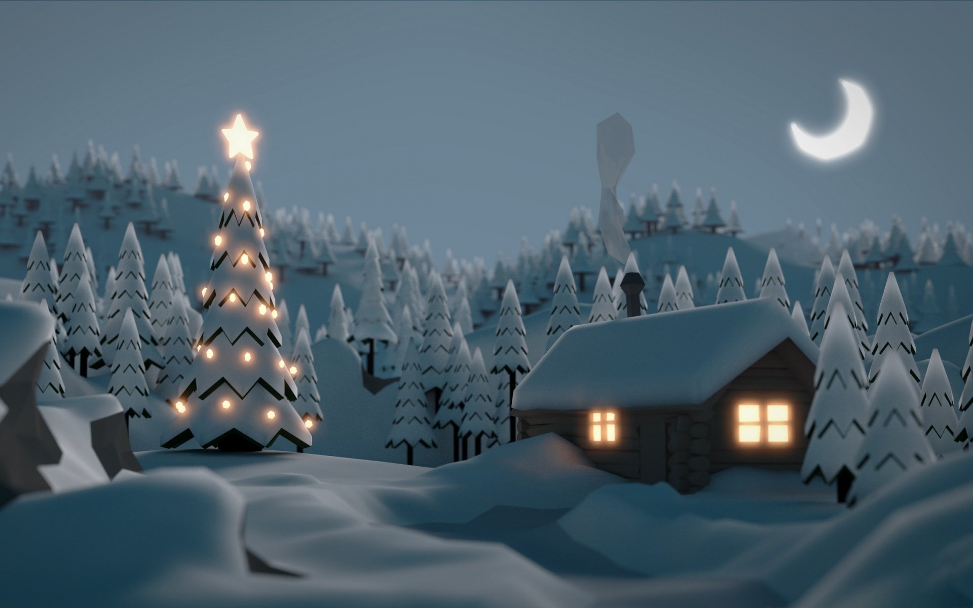 Artistic HD desktop wallpaper: snowy winter landscape with a lit house beside a decorated spruce, crescent moon overhead and snow-covered pines.