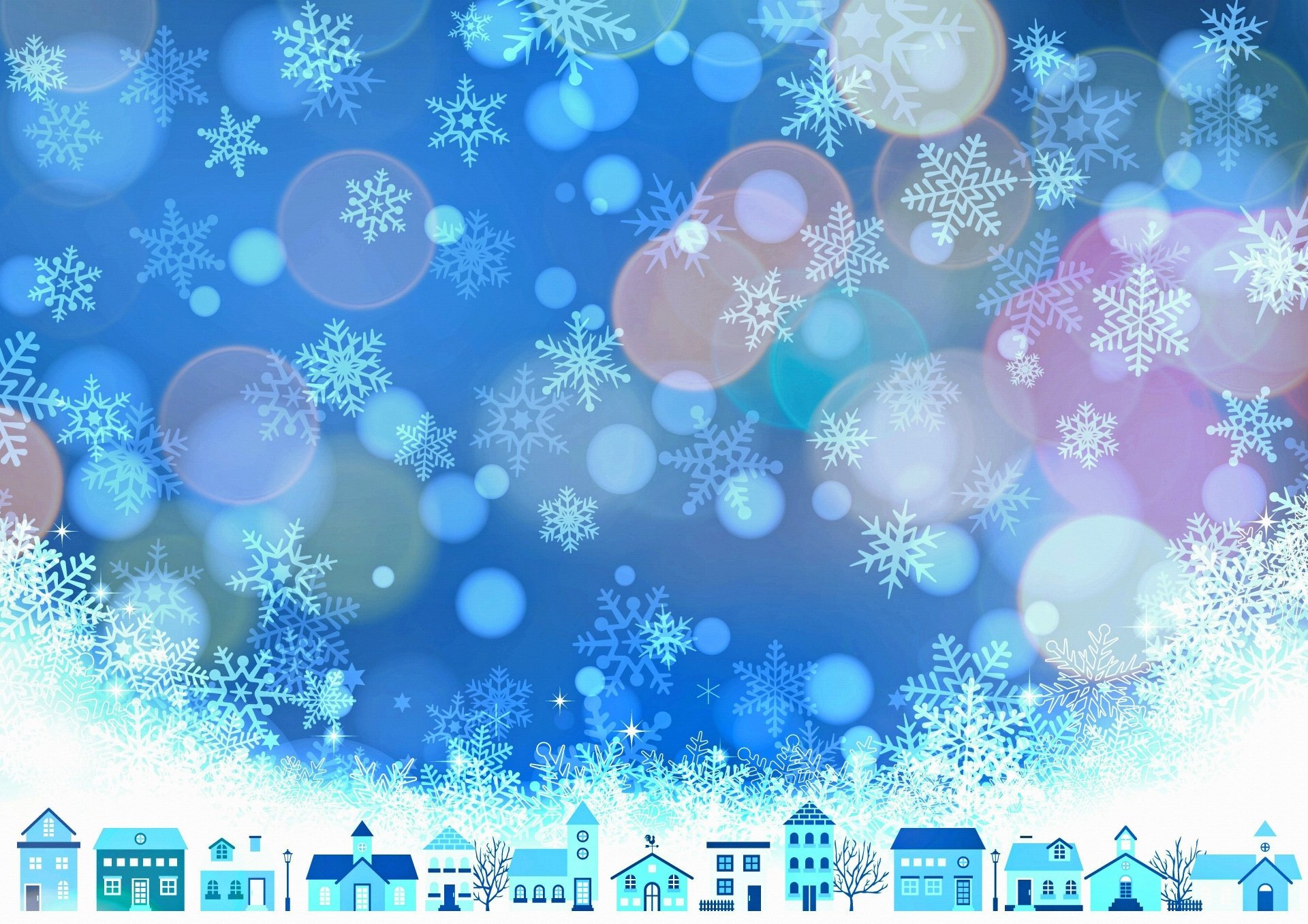 Artistic 4K Ultra HD PC desktop wallpaper featuring winter houses below glowing snowflakes on a blue background with soft bokeh light effects.