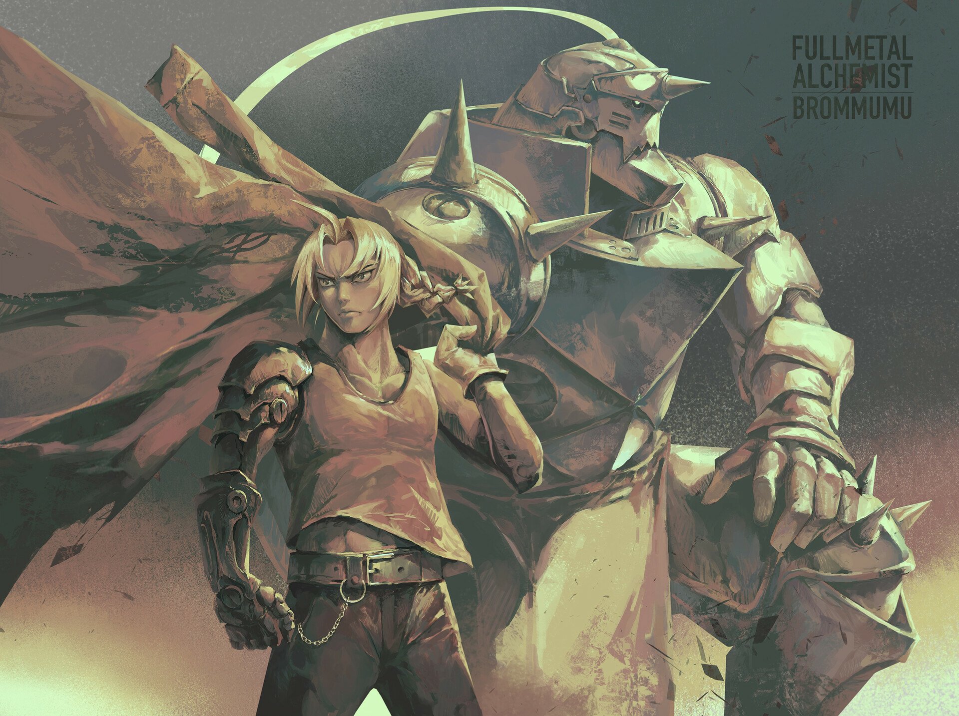 HD PC desktop wallpaper of Fullmetal Alchemist: Edward Elric in front with armored Alphonse Elric looming behind, anime-style, dramatic lighting and gritty painterly rendering.