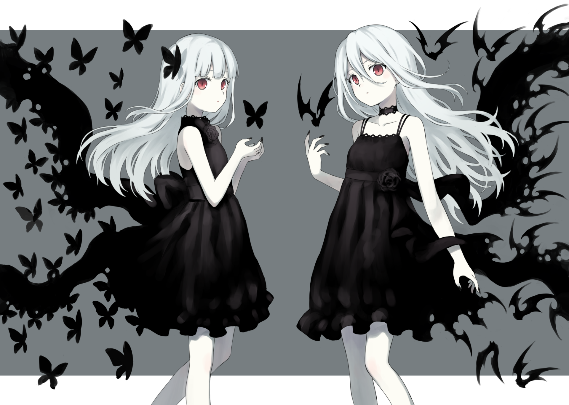 HD anime desktop wallpaper featuring two girls with long white hair, red eyes, and black dresses surrounded by black butterflies against a grey background.