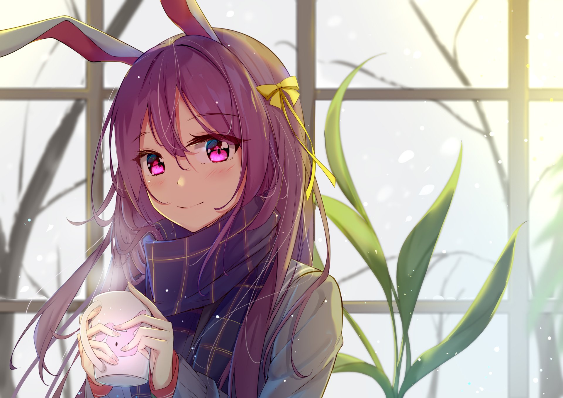 HD PC desktop wallpaper featuring Reisen Udongein Inaba from Touhou, depicted with vibrant purple hair, pink eyes, and bunny ears in a softly lit indoor setting.