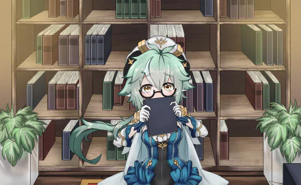 HD desktop wallpaper featuring Sucrose from Genshin Impact. Sucrose is sitting in a library, surrounded by bookshelves and holding an open book close to her face.