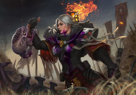 HD PC desktop wallpaper of a Sisters of Battle woman warrior from Warhammer 40k video game, armored and flanked by flames, banners and a ruined battlefield.