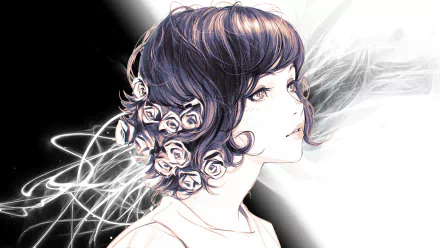 4K Ultra HD anime girl wallpaper featuring a detailed, monochrome portrait of a young woman with roses in her hair and abstract light effects in the background.