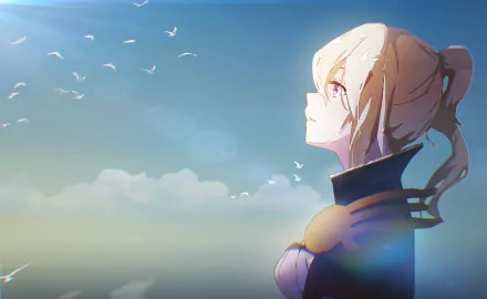 HD desktop wallpaper featuring Jean from Genshin Impact. Jean is gazing upwards in a serene, sky-blue background with birds flying in the distance.