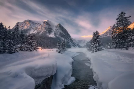 cabin river snow canadian rockies Canada Alberta banff national park photography winter HD Desktop Wallpaper | Background Image