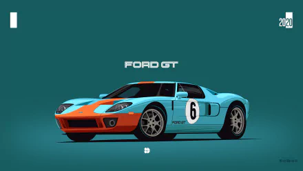 HD desktop wallpaper featuring a vibrant illustration of a classic Ford GT40, with a striking blue and orange color scheme, set against a teal background.