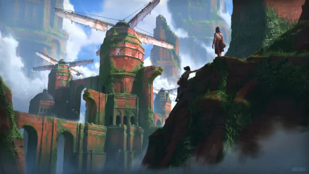 Fantasy landscape HD wallpaper featuring ancient windmill structures on verdant cliffs with figures contemplating the scenery.