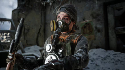 4K Ultra HD Metro Exodus video game wallpaper featuring a character in tactical gear and a gas mask, set against a dark, ruined environment.