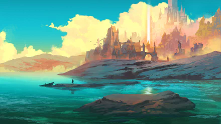 A stunning HD desktop wallpaper featuring a fantasy landscape with a majestic city and castle by a serene lake, illuminated by a glowing sky.