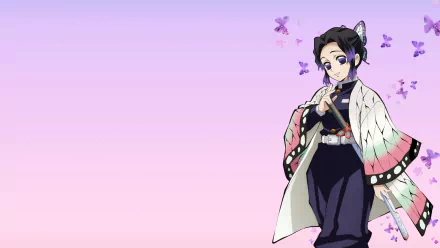 HD desktop wallpaper of Shinobu Kochou from Demon Slayer: Kimetsu no Yaiba, holding a sword surrounded by purple butterflies in an anime style.