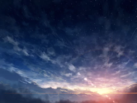 HD anime desktop wallpaper of a starry sky with clouds during a vibrant sunset and sunrise blend, showcasing a beautifully detailed sky.