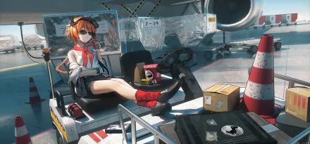 HD anime girl with short hair relaxes on a chair in an industrial setting, surrounded by equipment, boxes, and traffic cones in this PC desktop wallpaper.