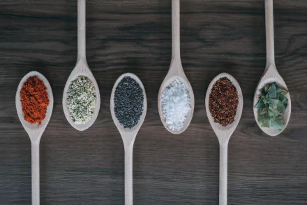  Variety of Herbs and Spices on Cooking Spoons