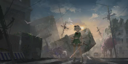 HD anime desktop wallpaper featuring Youmu Konpaku from Touhou standing in a dimly lit, post-apocalyptic urban scene at dusk.