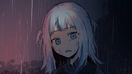 HD desktop wallpaper featuring Virtual YouTuber Gawr Gura in anime style, standing in the rain with a surprised expression. Dark background enhances the atmospheric effect.