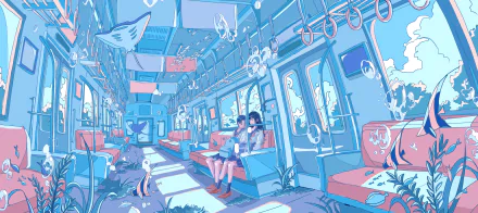 Anime-style HD desktop wallpaper depicting a surreal train interior filled with floating fish and glowing bubbles, featuring two passengers seated in a calm, blue-toned environment.