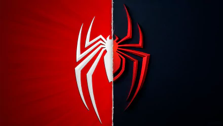 HD PC desktop wallpaper showing a split red and black background with a stylized white/red Spider-Man emblem from the video game Marvel's Spider-Man: Miles Morales.