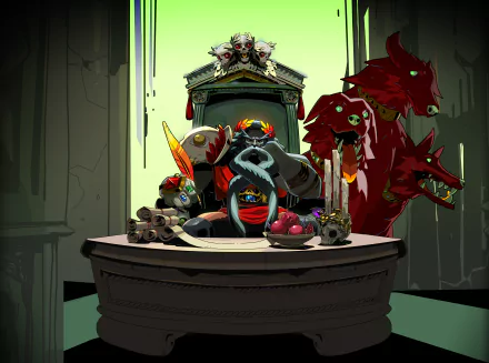 HD PC desktop wallpaper of Hades (video game) seated on a throne with skulls and fruit, flanked by his three-headed dog Cerberus (Hades) in a dark, stylized underworld scene.