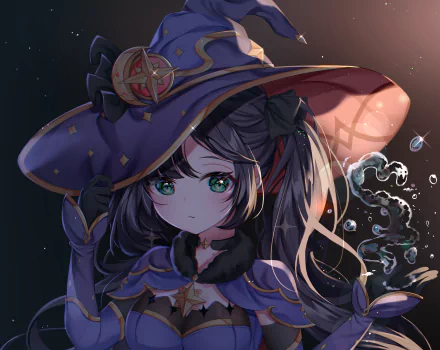 A stunning HD wallpaper featuring Mona from Genshin Impact, showcasing her iconic wizard attire and captivating expression against a mystical backdrop.