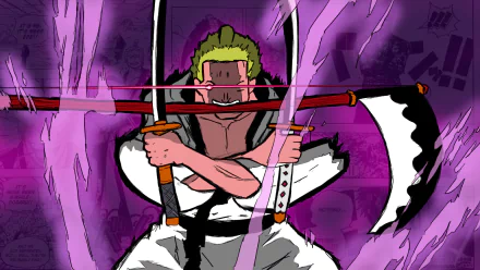 Roronoa Zoro — One Piece anime HD PC desktop wallpaper/background: Zoro in white outfit with three swords crossed, fierce expression and purple energy aura surrounding him.