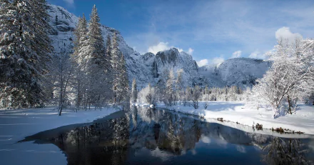 merced river Sierra Nevada California river reflection mountain snow winter nature Yosemite National Park Snowy Mountain HD Desktop Wallpaper | Background Image
