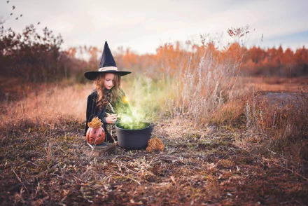 A child dressed as a witch stirs a glowing potion in a cauldron amid autumn foliage, capturing the Halloween and fall spirit in this HD desktop wallpaper.