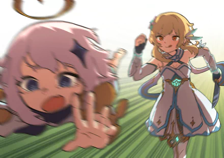 HD desktop wallpaper featuring Lumine and Paimon from the video game Genshin Impact. The background showcases their dynamic and playful interaction.