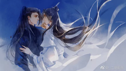 Anime HD PC desktop wallpaper — Tian Guan Ci Fu: two long-haired figures in dark and white robes lock a tender gaze as wind lifts their hair and billowing sleeves against a deep blue sky background.